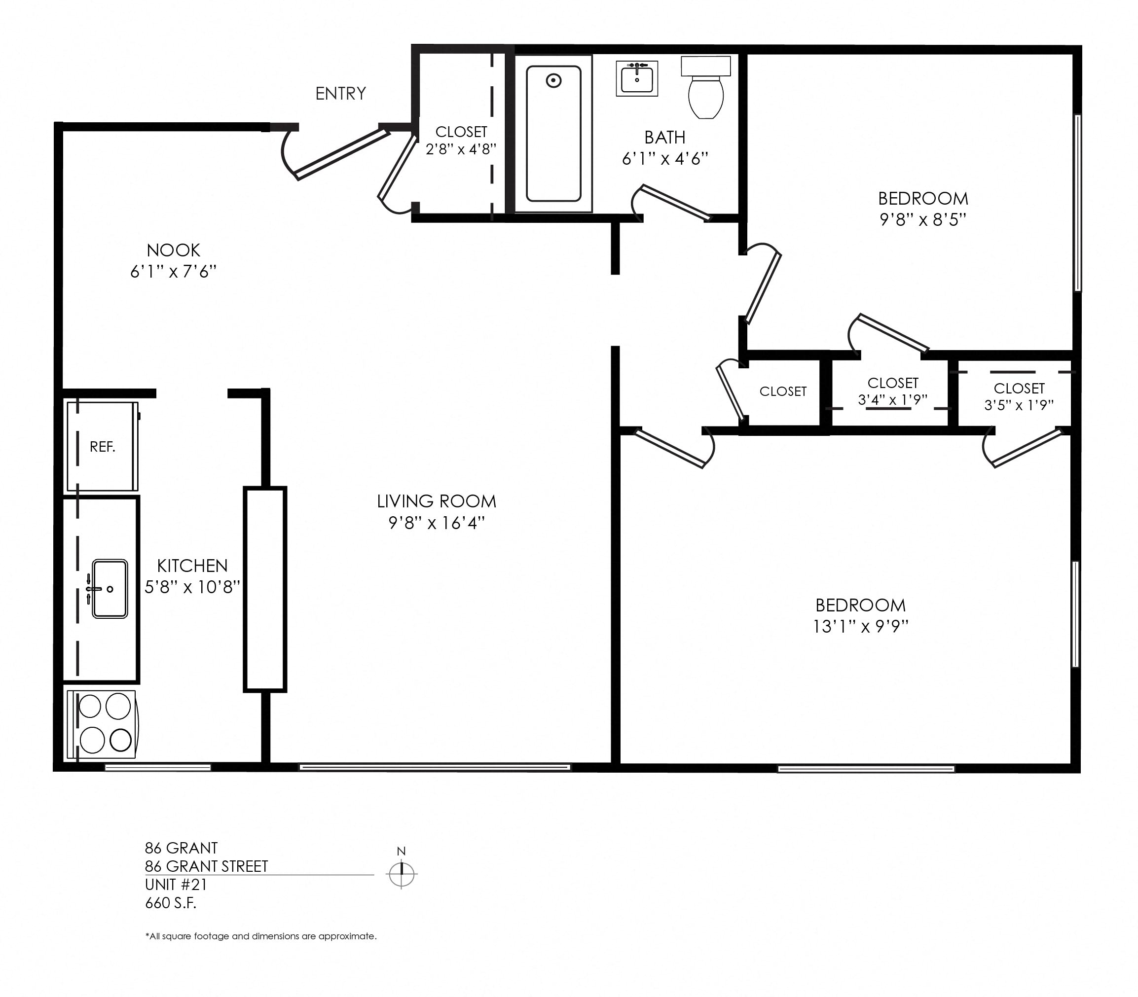 Floor plan for 2 beds, 1 bath, 725 sqft